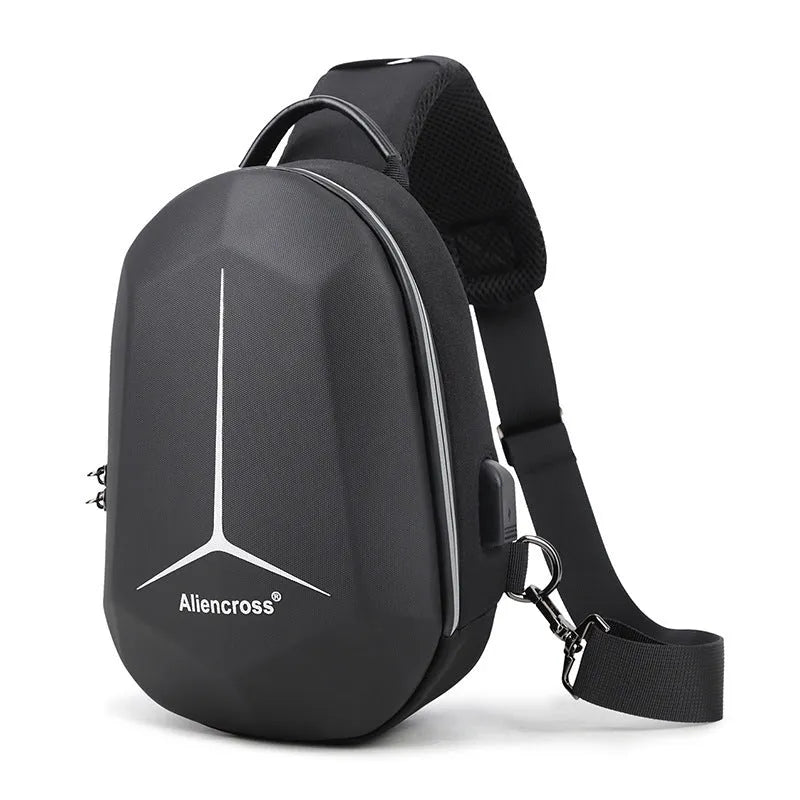 Waterproof Oxford cloth chest bag in black, shown with dimensions 20cm by 10cm by 30cm.