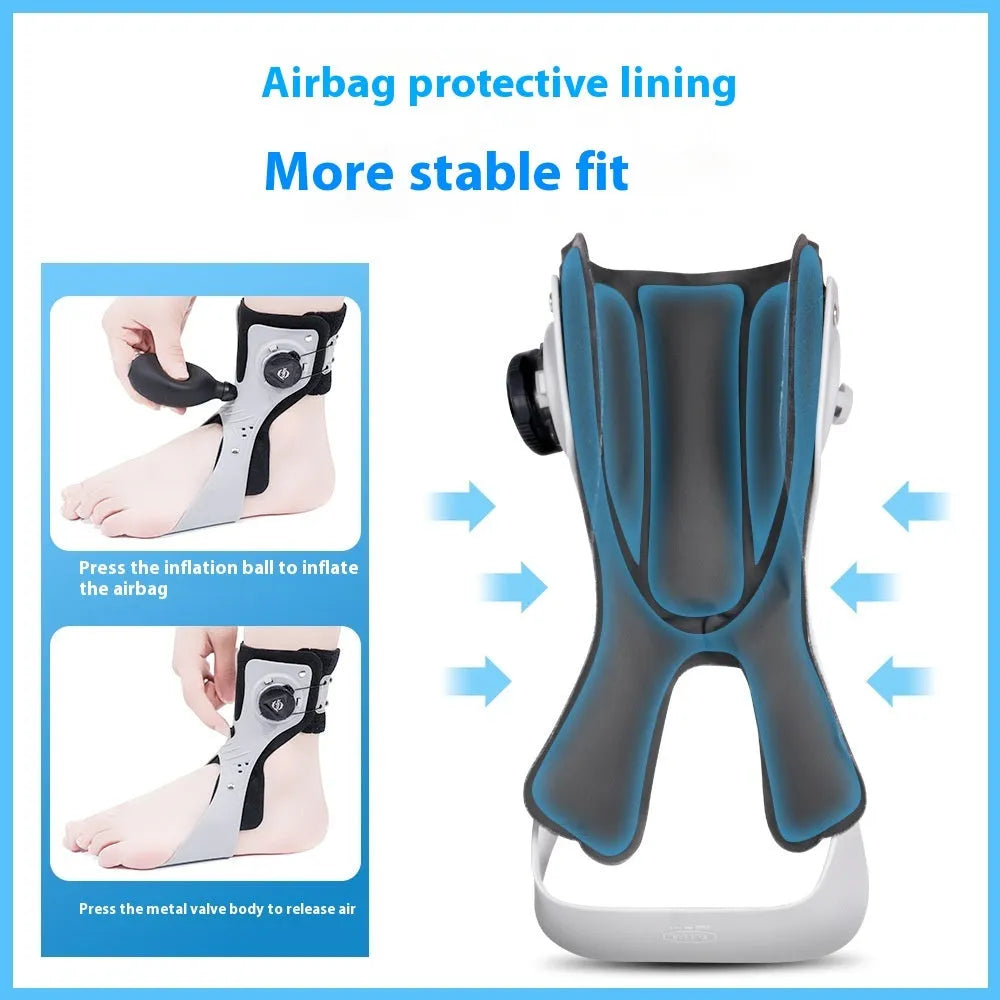 Grey and black ankle fixation brace with an airbag button, shown in left and right versions.