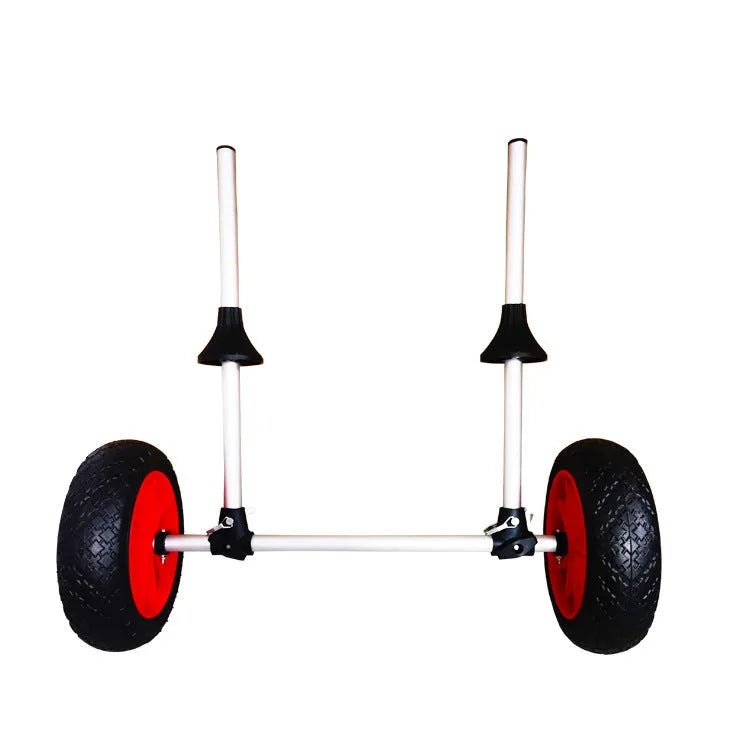 Foldable aluminium kayak beach trailer with rubber wheels and upright pole platform
