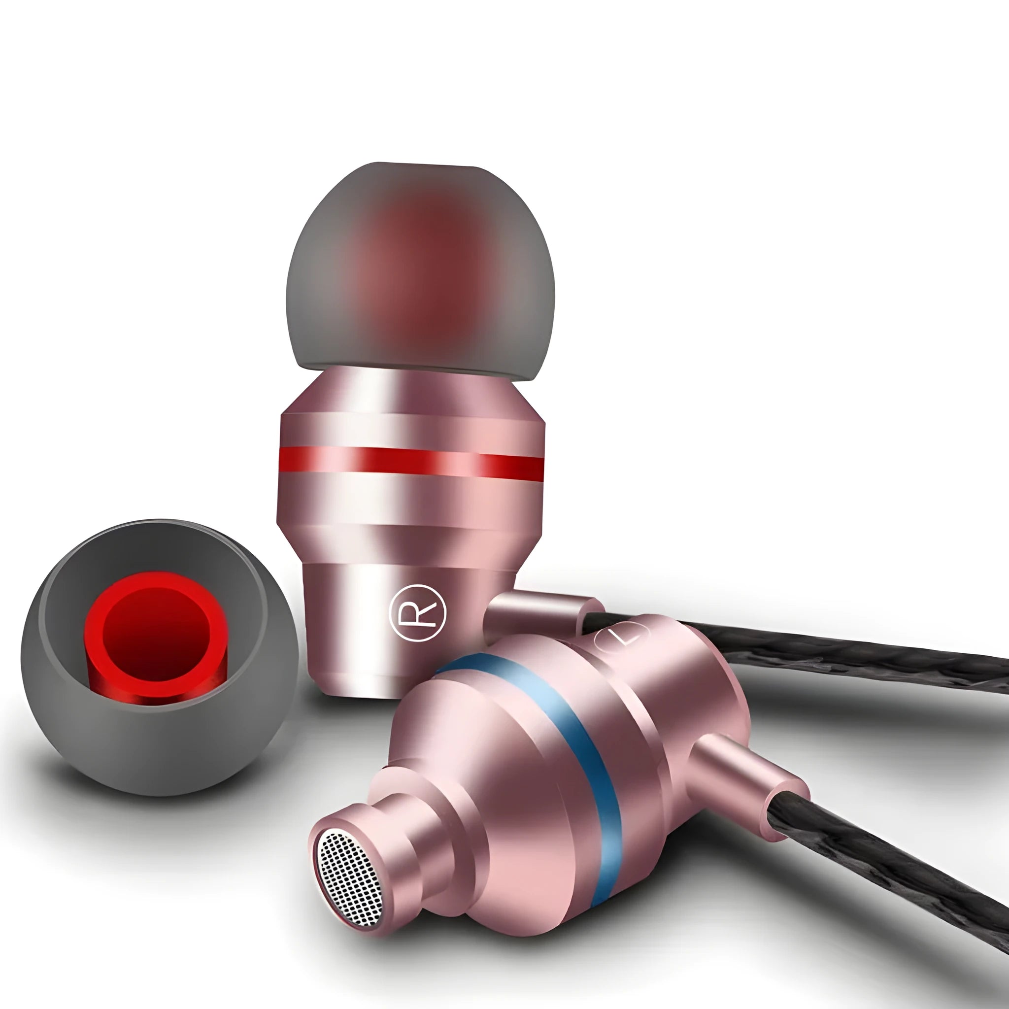 Wired in-ear headphones with microphone on a black, gold, red, rose red, or silver TPE cable with 3.5mm plug.