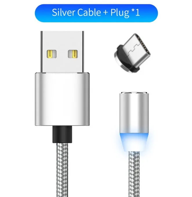 YBD magnetic LED charging cable with cotton braided cord and aluminium connectors in black