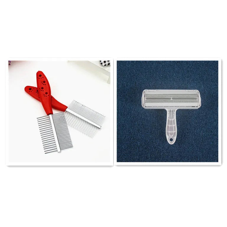 Double-row pet grooming comb with red handle and stainless steel needles on white background