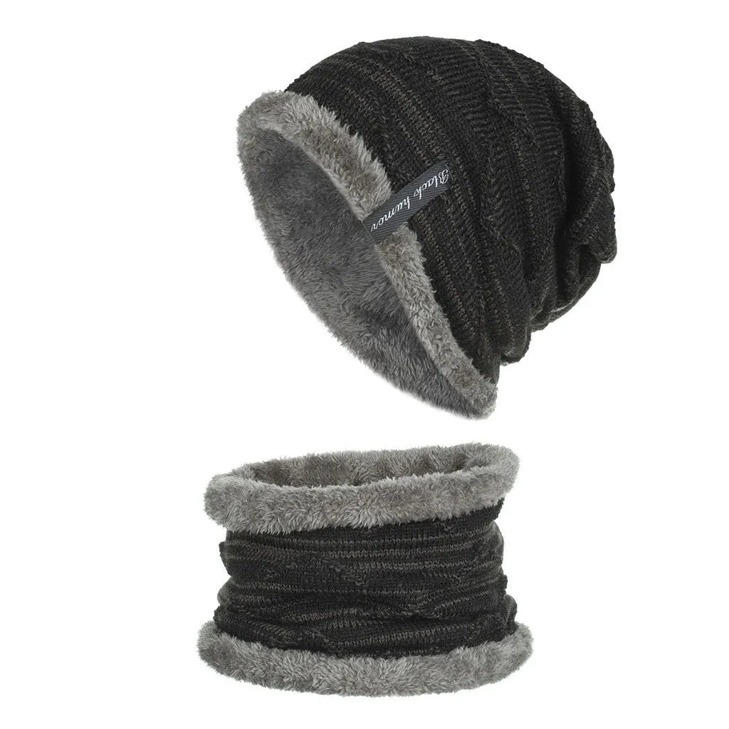 Diagonal hook knitted acrylic beanie in black, showing textured knit pattern