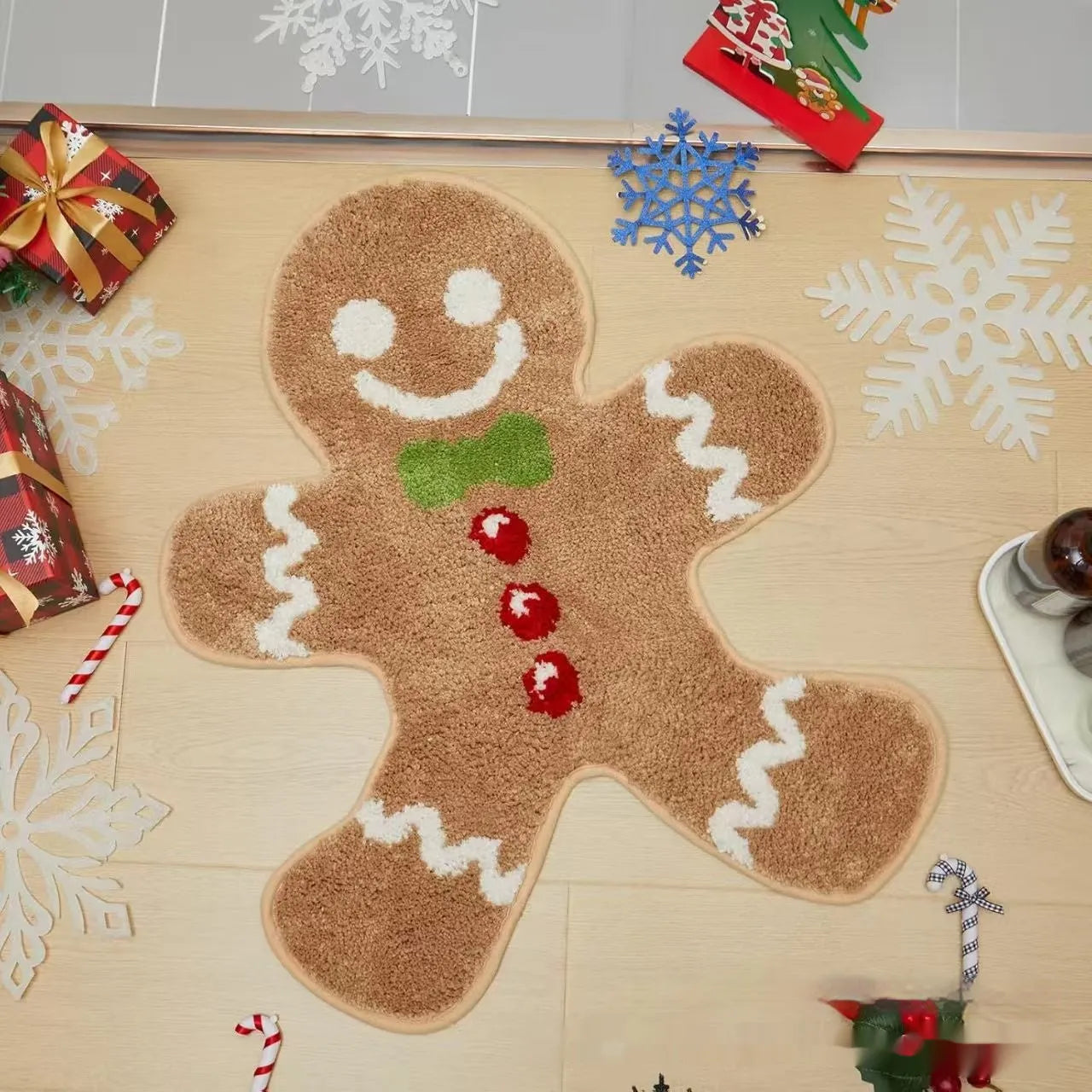 Square Christmas-themed hallway mat with non-slip backing on a wooden floor.