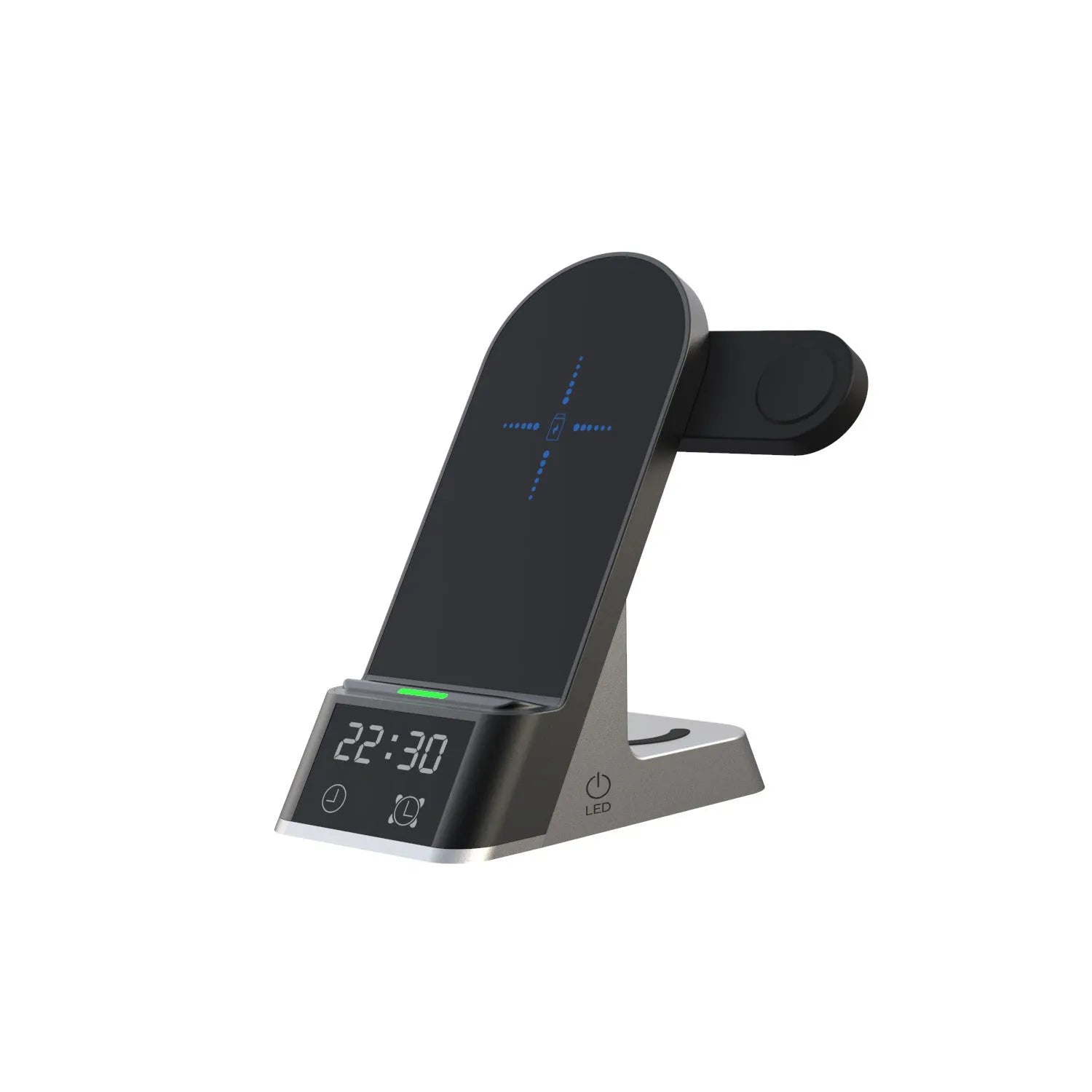 Black six-in-one wireless charging alarm clock station with digital display and charging pad.