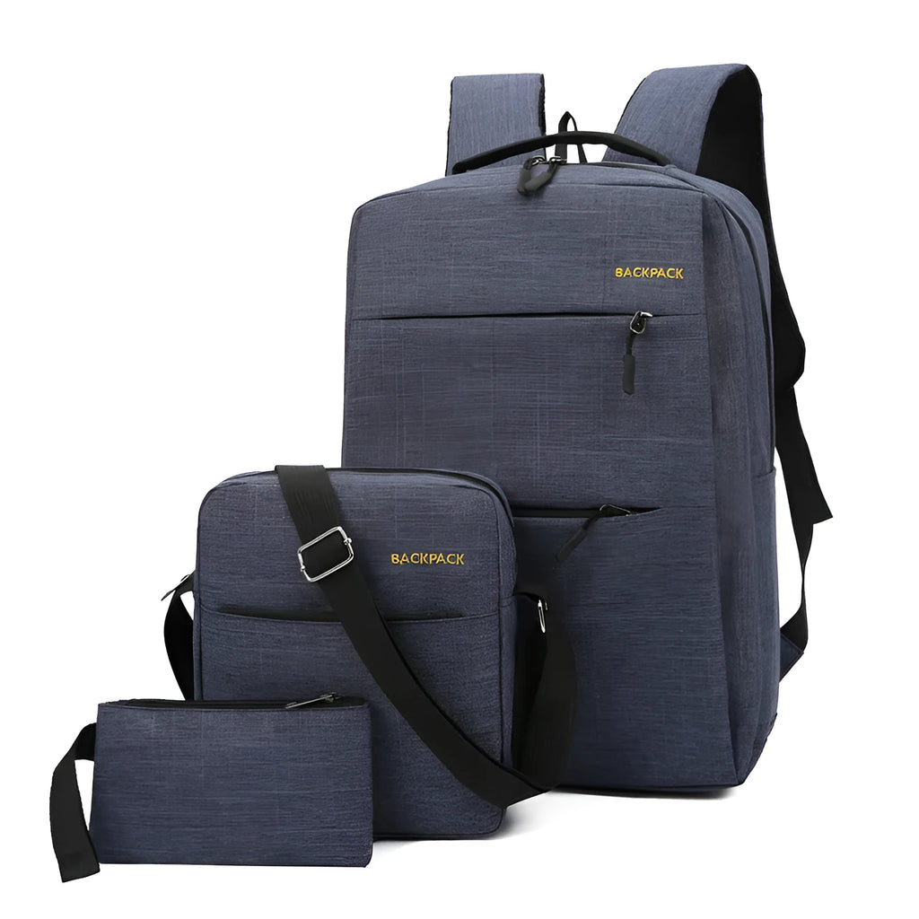 Men's USB charging nylon computer bag three-piece set in black, gray, navy blue, or wine red.