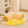Fan-shaped plush pet bed with integrated tunnel for cats and dogs in coffee colour.