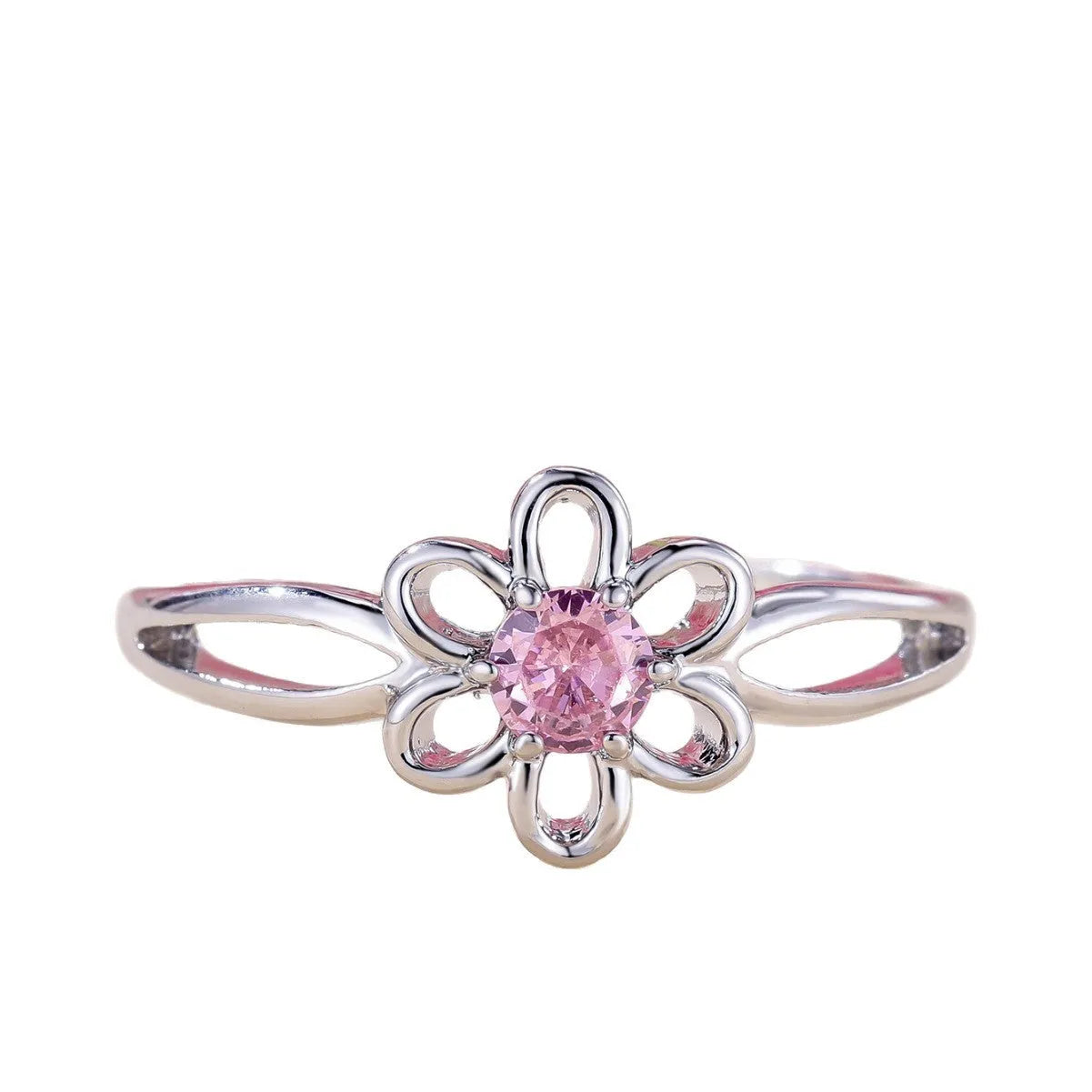 Women's hollow floral ring made from copper with electroplated finish in platinum pink diamond colour