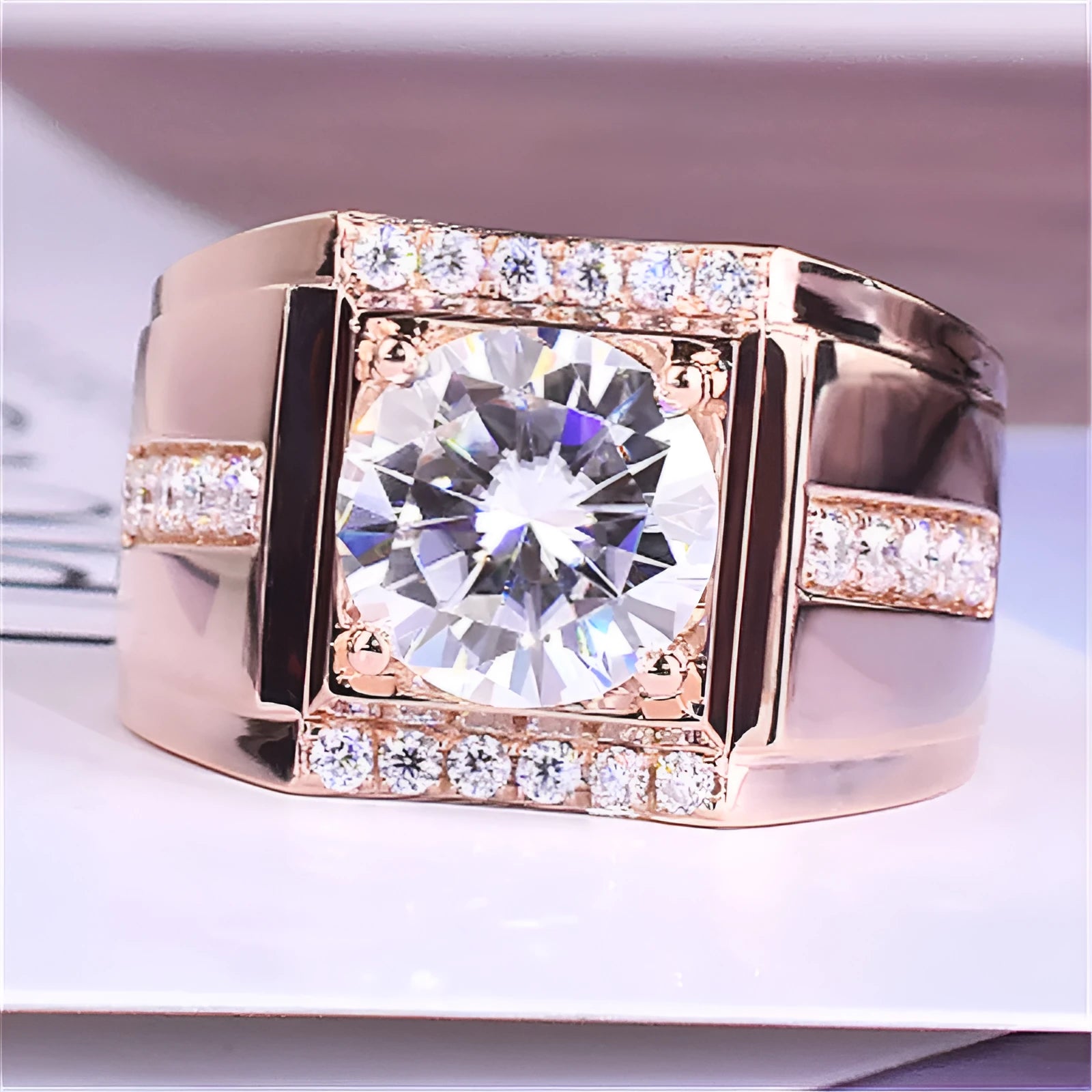 Men's geometric ring with diamond zircons on copper with adjustable opening