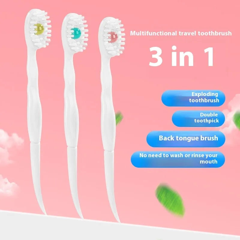 Box of 20 disposable bead toothbrushes for travel, shown with mint and peach flavour options.