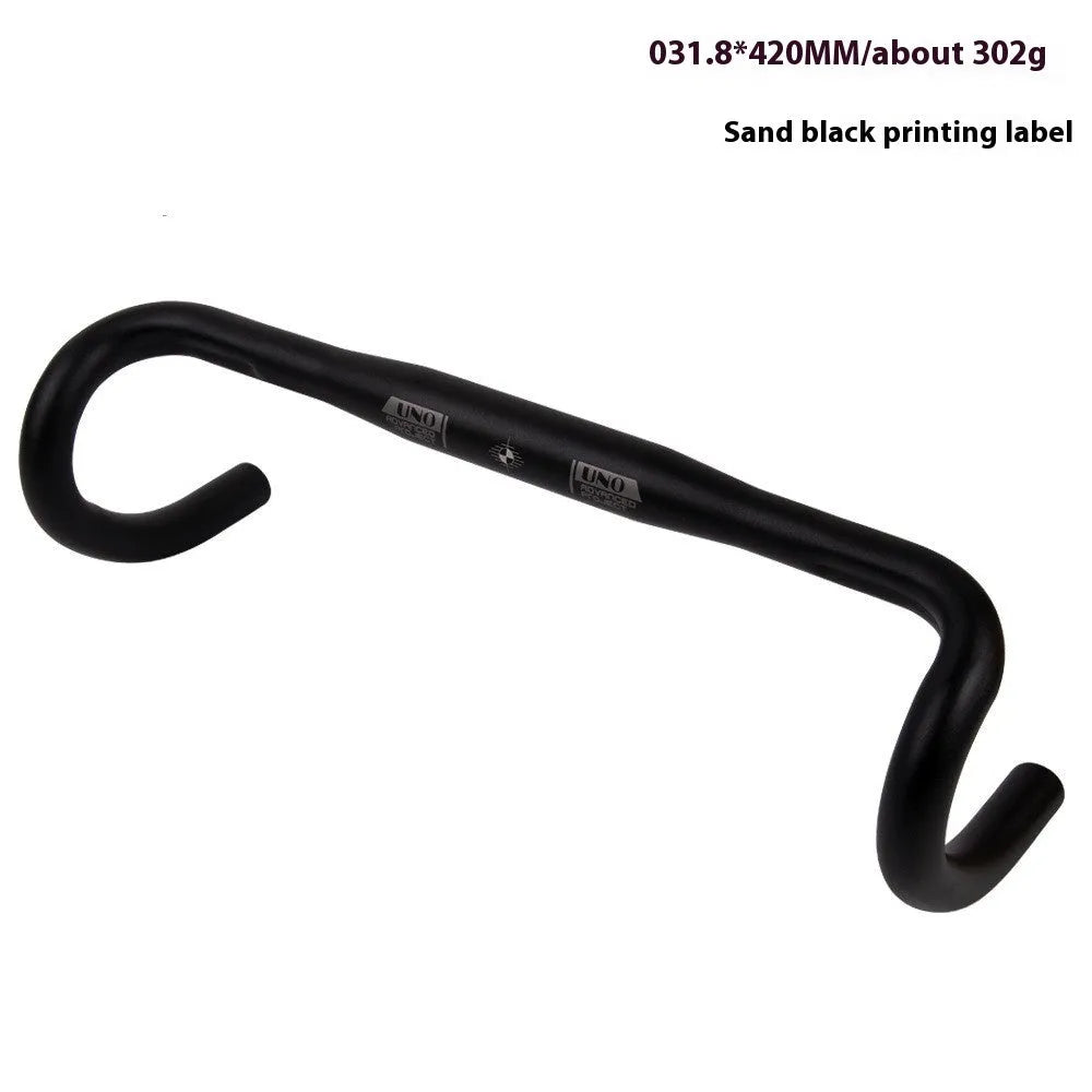 Black UNO aluminium alloy road bike racing handlebar with a bent shape and printed markings.