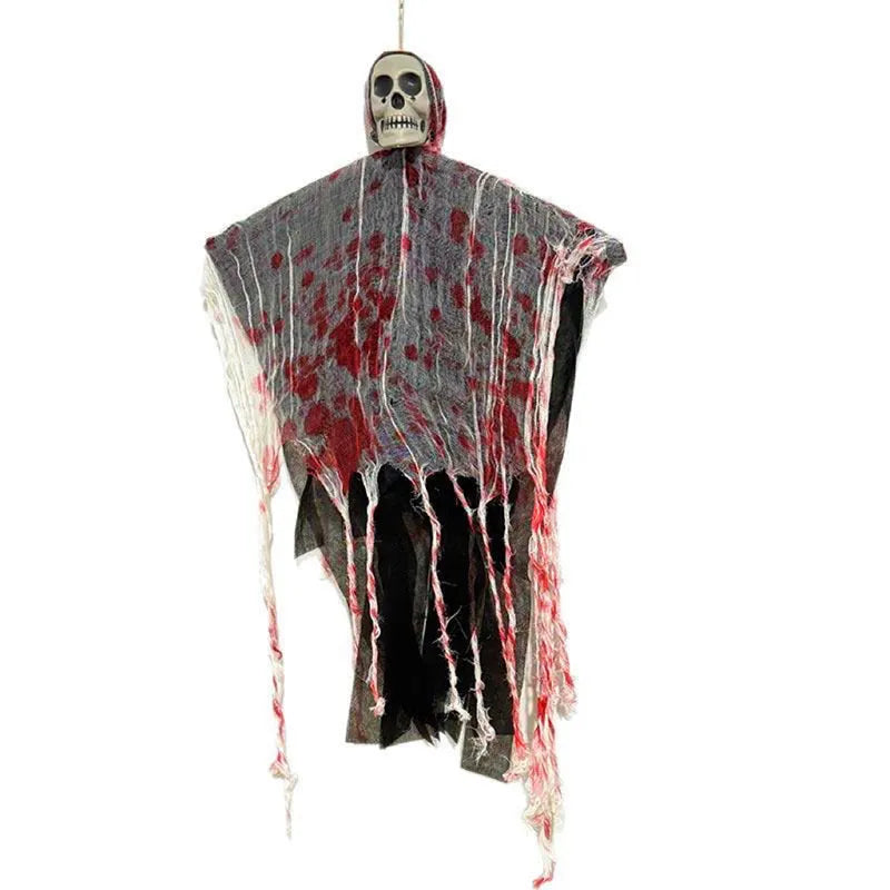 Plastic blood-dyed luminous skull ghost Halloween hanging ornament for outdoor use.