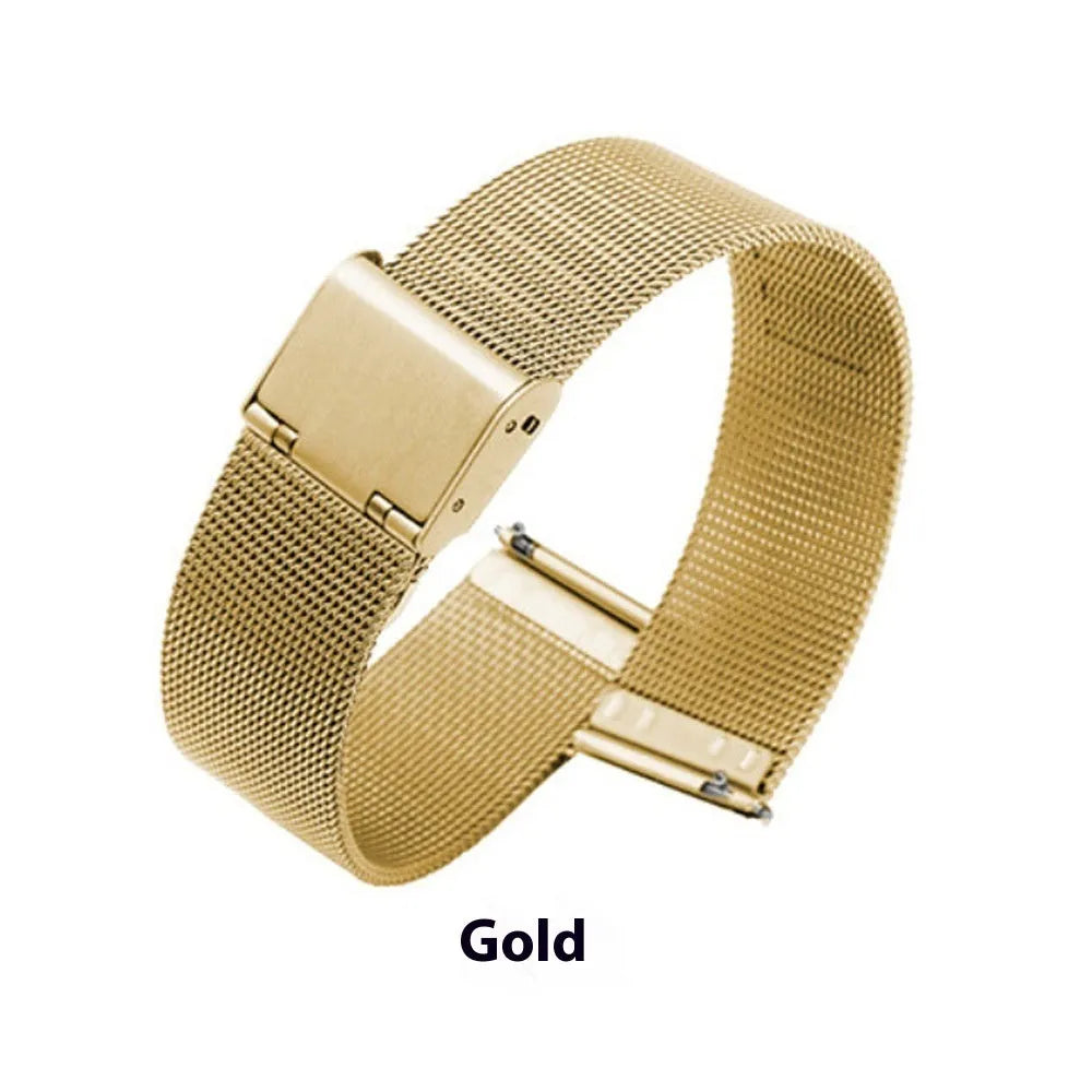 Milani stainless steel watch band with woven silk detail, showing silver, black, rose gold, and gold colour options.