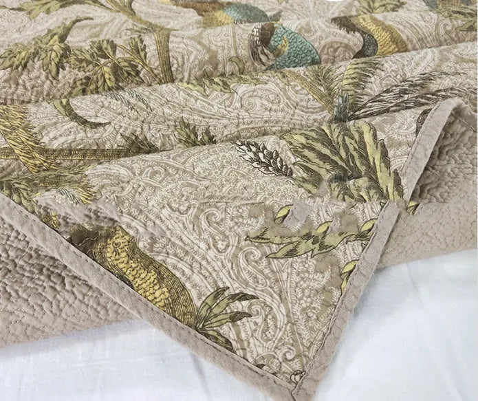 Blue American floral design cotton bedspread quilt set with three pieces showing plant and bird patterns