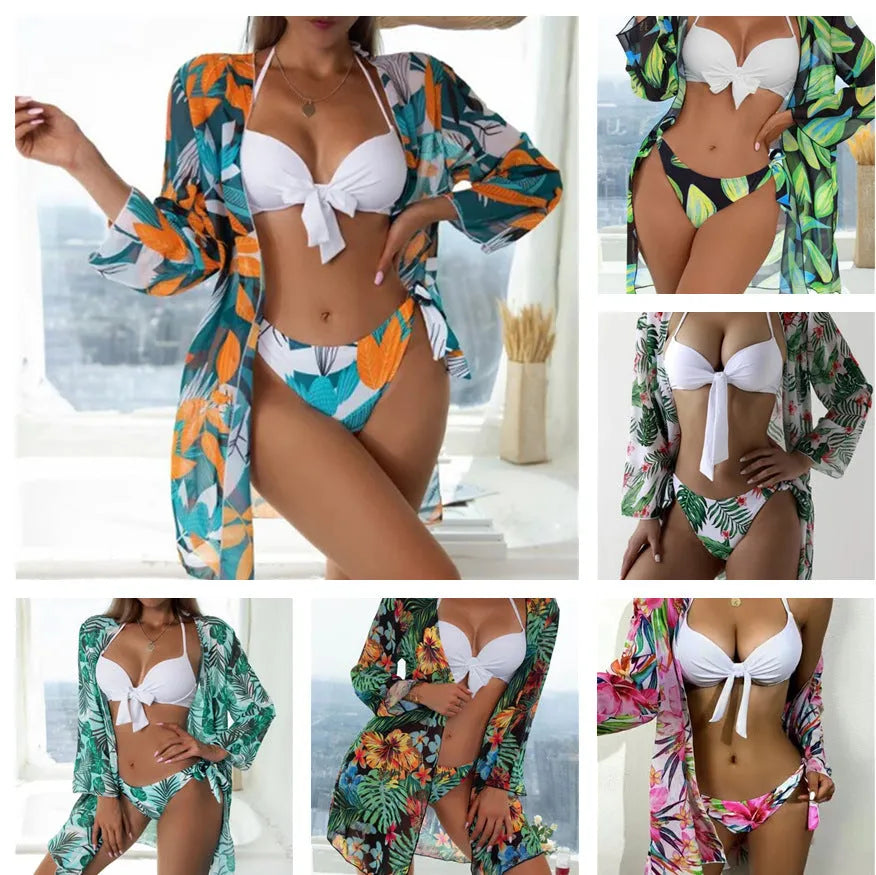 Women's three-piece mesh bikini swimsuit set shown in one of six available colours