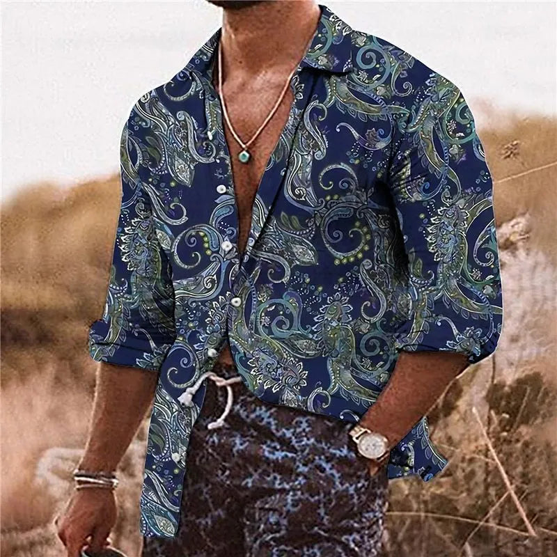 Men's loose fit shirt with 3D floral digital printing and long sleeves for business and casual wear