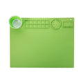 Light blue silicone painting mat with two integrated bowls for paint mixing, measuring 50cm by 40cm.