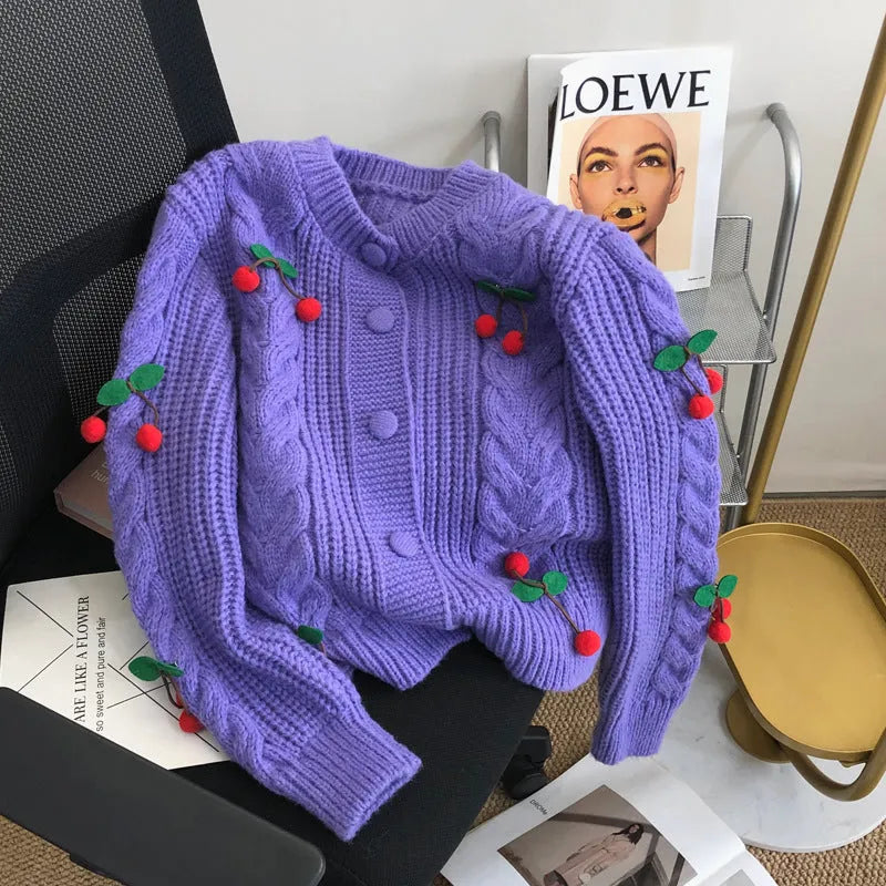 Cherry pattern loose lazy sweater in white with 3D cherries and long sleeves