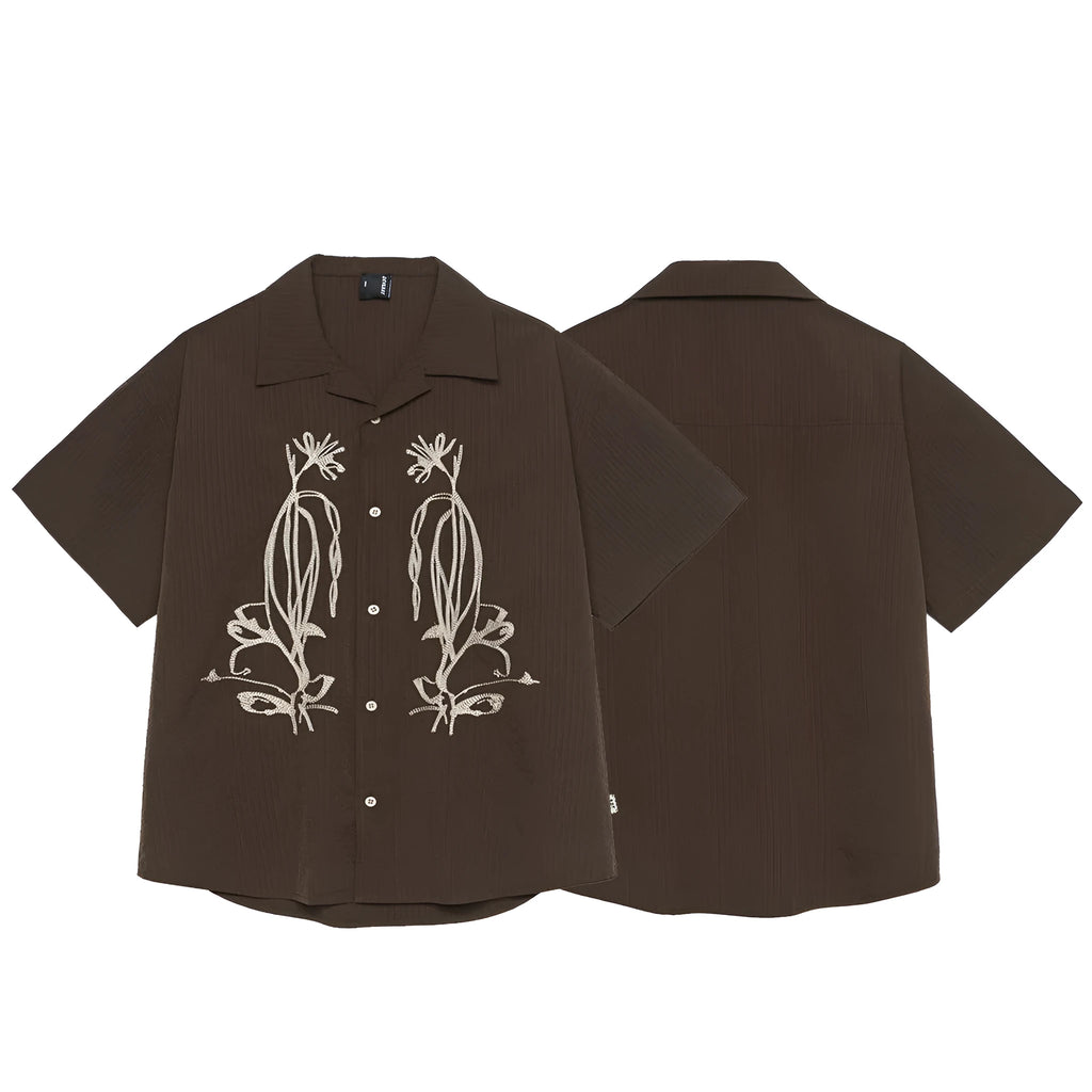 Brown striped quick-drying outdoor shirt with Cuban collar and short sleeves