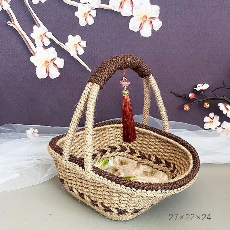 Hand-woven hemp rope basket in natural straw measuring 19cm by 12cm in coffee brown colour