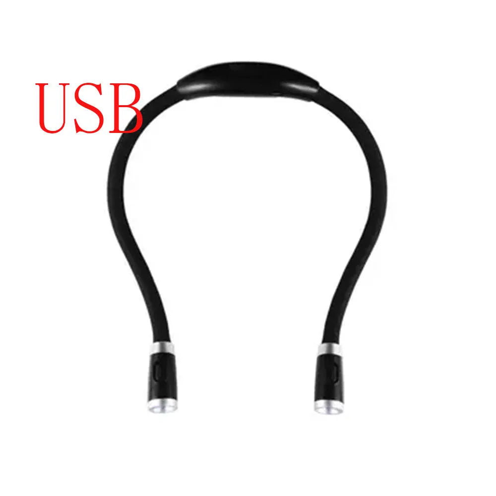 Flexible neck hug book light with LED reading lamp in three colour options: black, blue, green, and red on a table