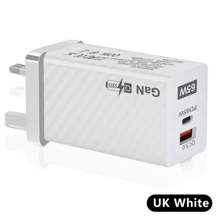 Gallium Nitride GaN 65W laptop charger in black with USB PD port and compact dimensions