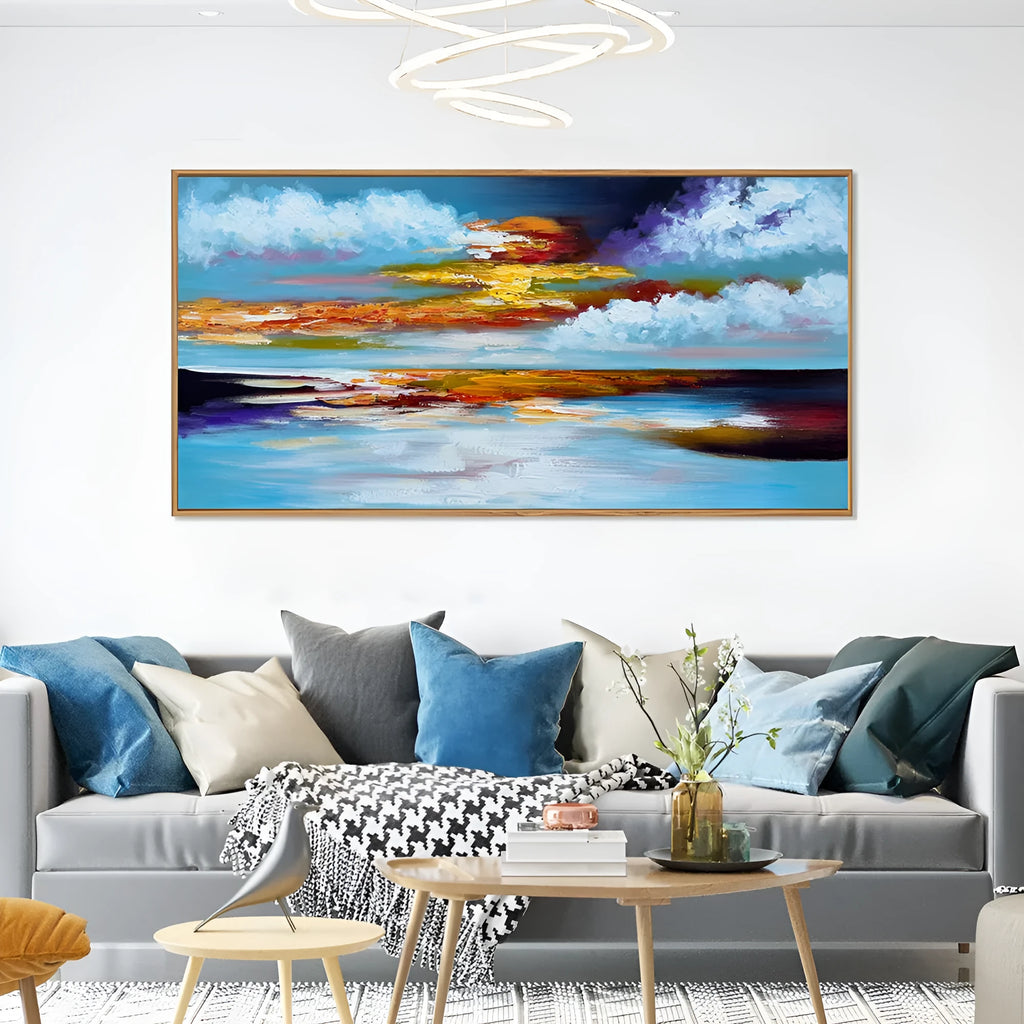 Bright abstract hand-painted oil painting on canvas, seascape sunset landscape, horizontal wall art