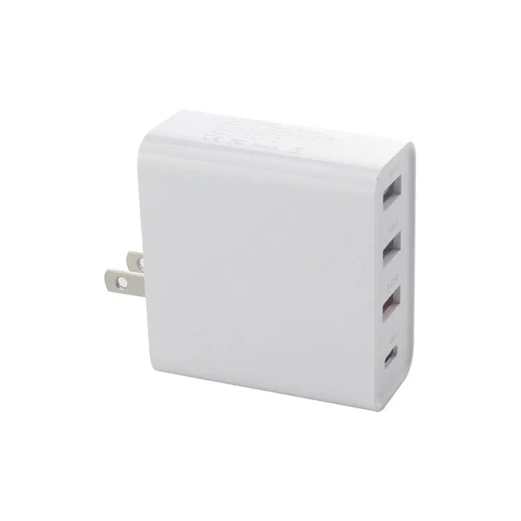 Four-port USB-C PD wall charger with international plug adapters in black or white