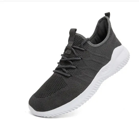 Men's black and white mesh jogging shoes with PVC sole and lace-up closure