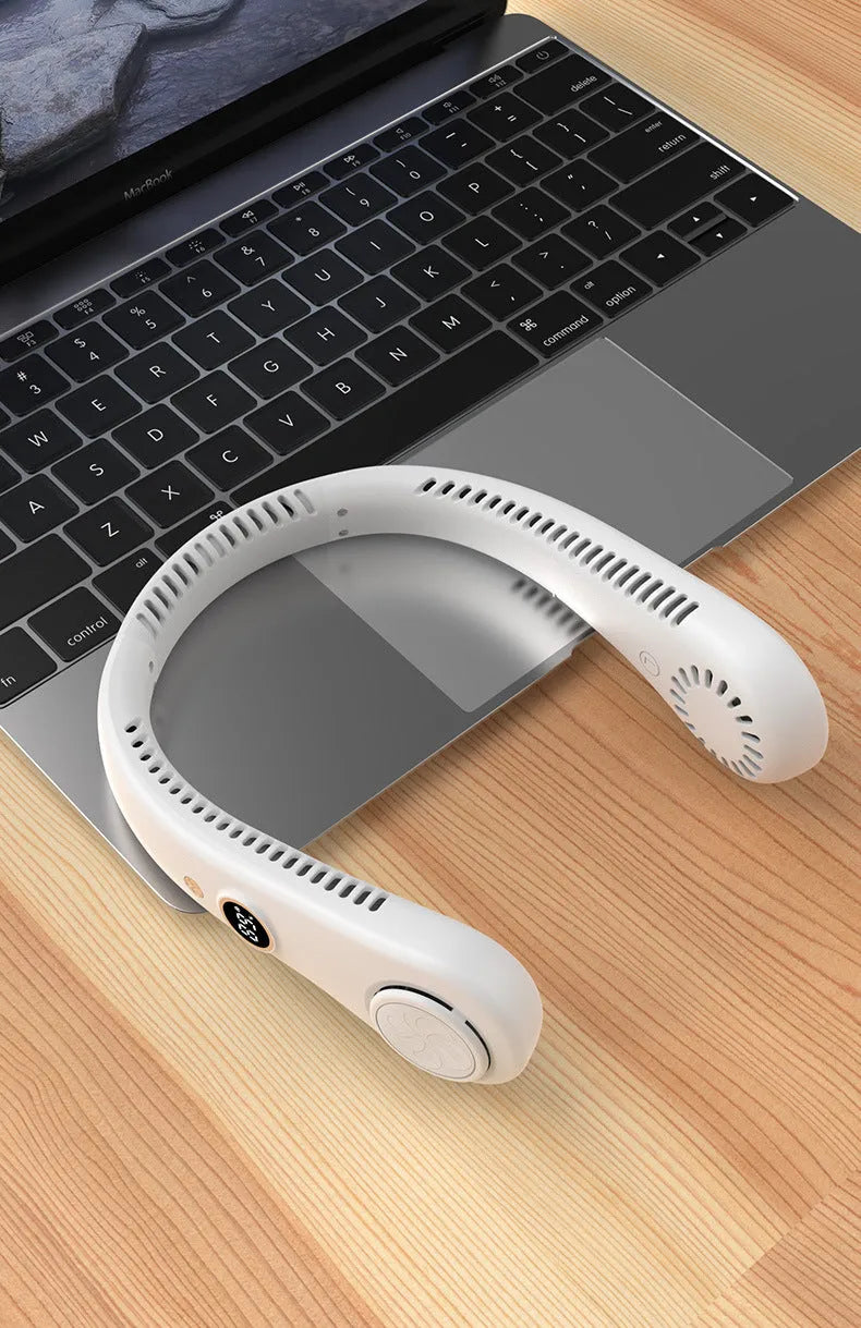 Blue USB rechargeable bladeless neck fan showing adjustable speed settings and flexible neckband