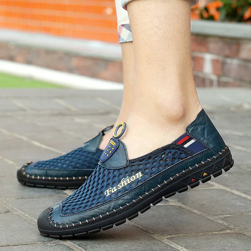 Men's brown casual breathable mesh shoes with round toe and rubber sole