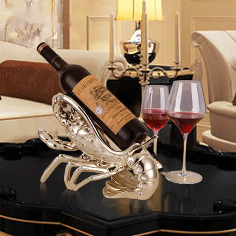 Lobster-shaped wine rack ornament in rose gold or elegant silver metallic finish