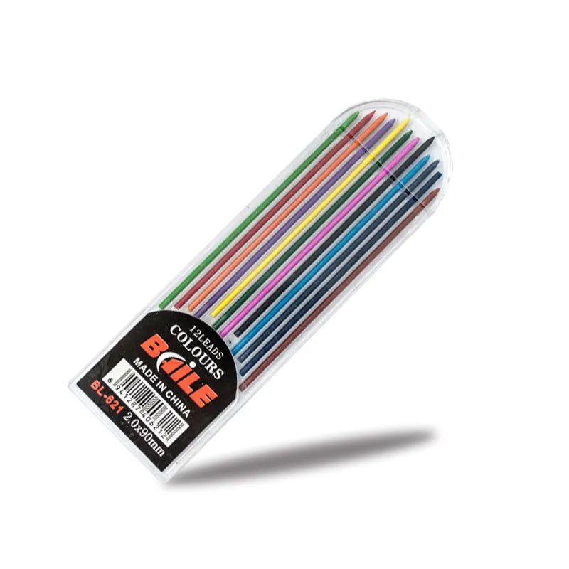 12-pack of 2.0mm automatic lead refills in black and multicolour, PP material, for student drawing and writing
