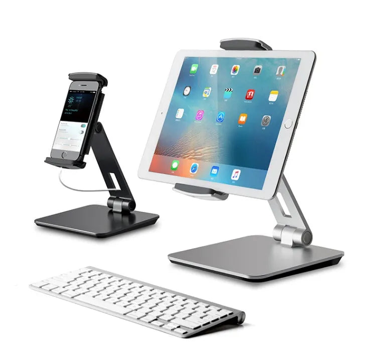 Foldable aluminium desktop phone and tablet holder showing rotation mechanism