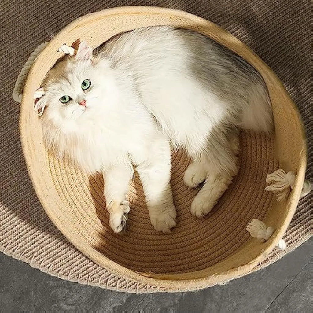Wicker cat bed basket with corrugated scratching board in two size options for cats