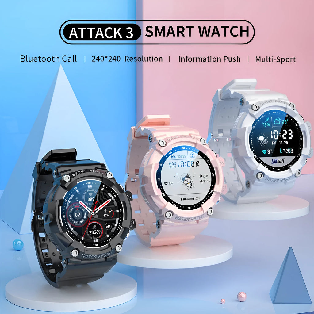 IP67 waterproof smartwatch with round screen on TPU strap in black, white, or pink
