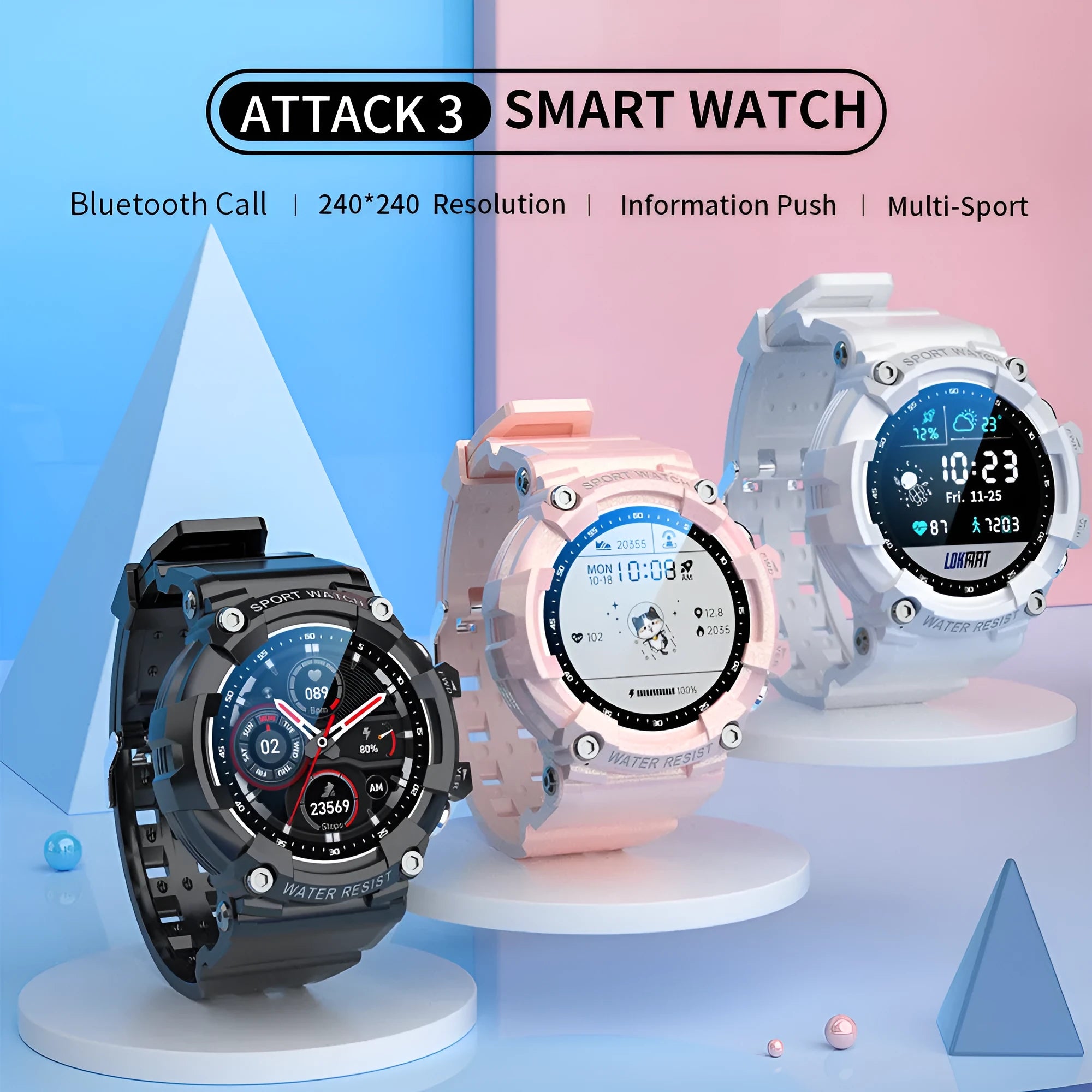 IP67 waterproof smartwatch with round screen on TPU strap in black, white, or pink