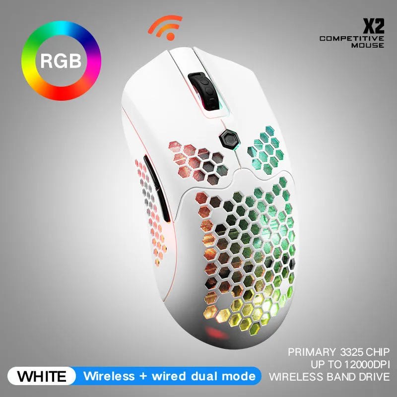 Free Wolf X2 wireless gaming mouse in black with RGB lighting, showing ergonomic shape and side buttons.
