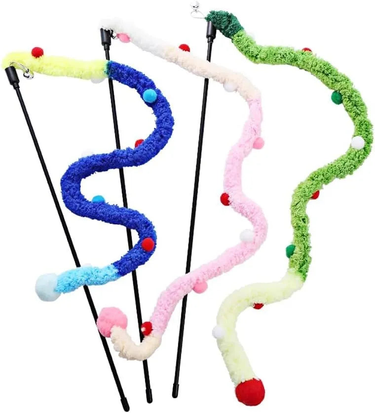 Blue cat wand toy with long plush strip and fluffy ball with bell attachment