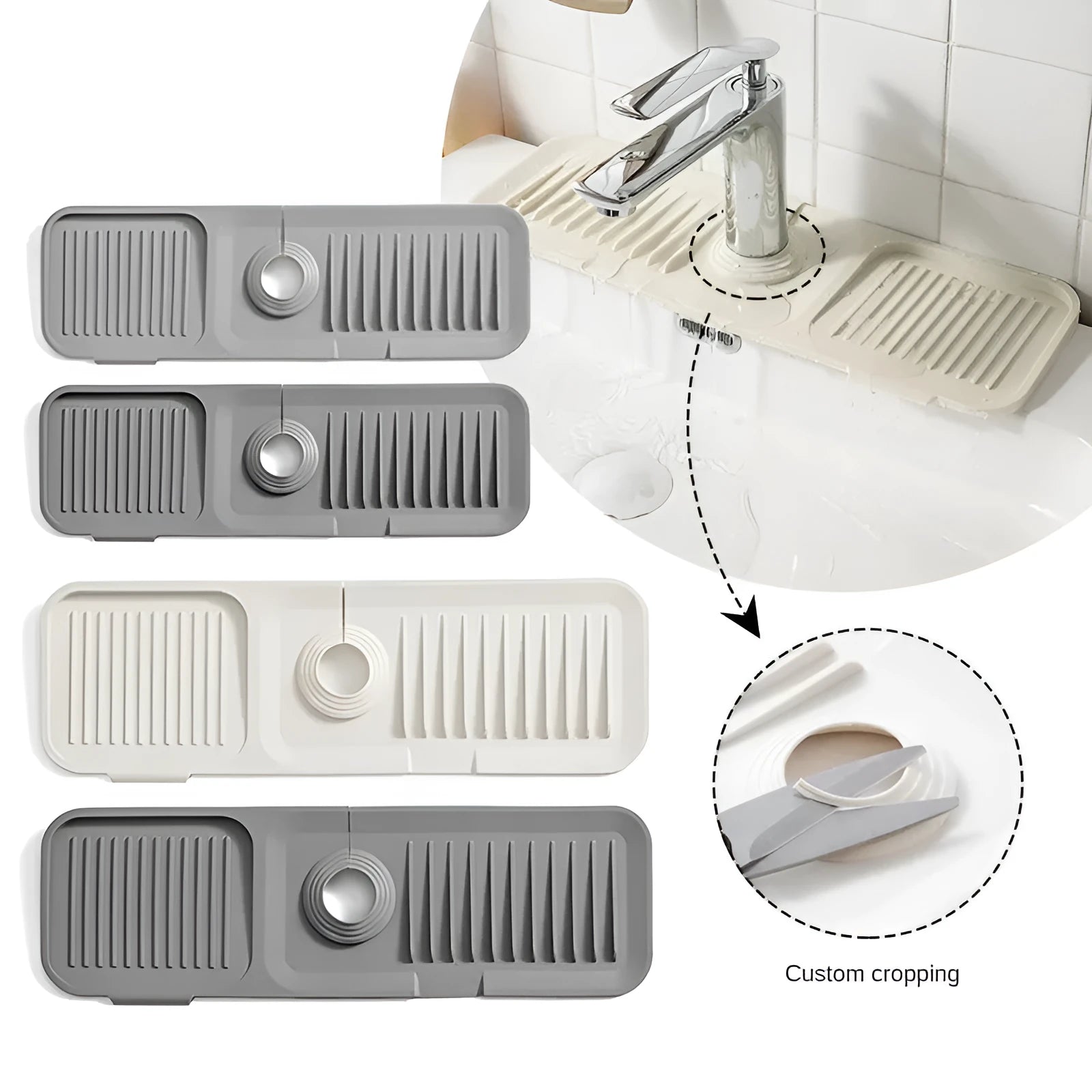 Beige silicone faucet pad with sloped design and drainage channels under a kitchen tap.