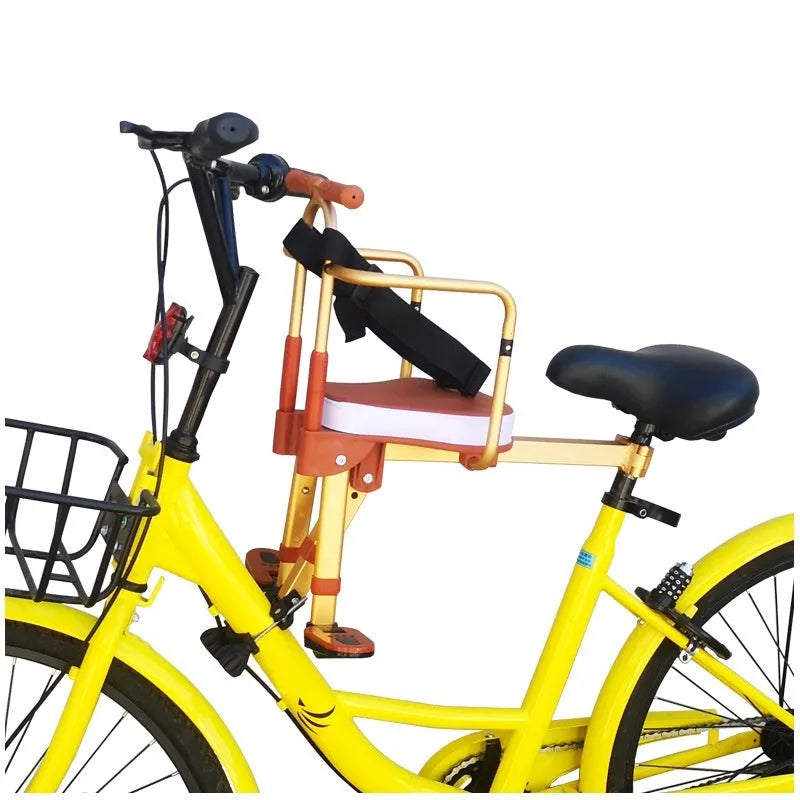 Aluminium alloy front-mounted folding child seat for shared bicycle in yellow with armrest