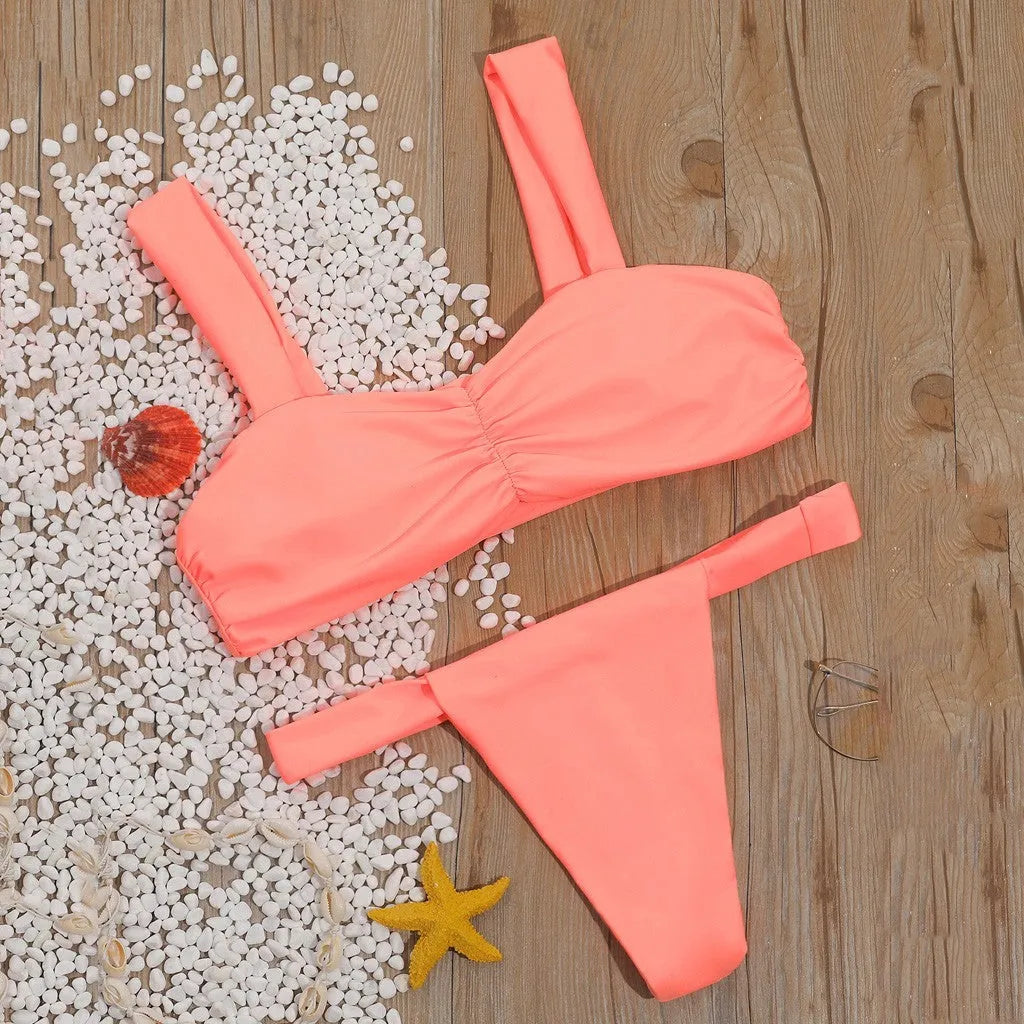 Solid colour orange split bikini swimsuit with tie-side fastening for women