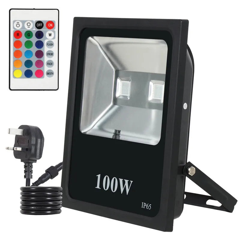 Black aluminium LED flood light for outdoor building and projection lighting.