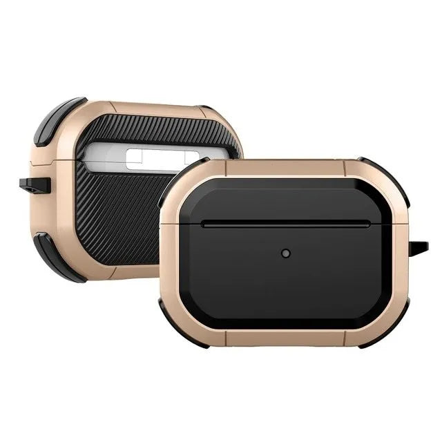 Black protective hard shell case for Apple AirPods Pro and AirPods 1/2 on a white background.