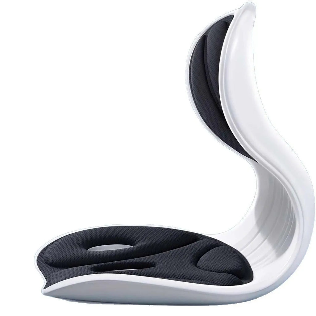 Grey and black waist support seat cushion with sponge filler for lumbar support.