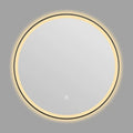 Round black aluminium frame LED bathroom mirror mounted on wall with dimmable lights on.