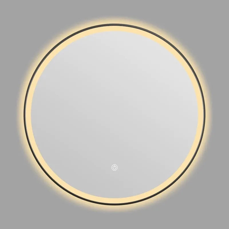 Round black aluminium frame LED bathroom mirror mounted on wall with dimmable lights on.