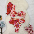 Women's one-shoulder ruffled printed bikini with high waist briefs in pink with red flower pattern