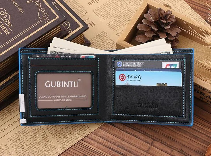 Man wallet PU leather black with blue edge bifold 3 card slots 12cm long 10cm wide