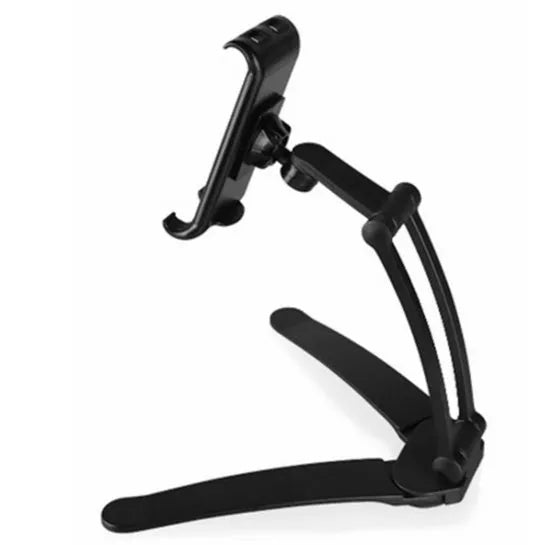Silver aluminum alloy tablet stand with white mount holding tablet at adjustable angle